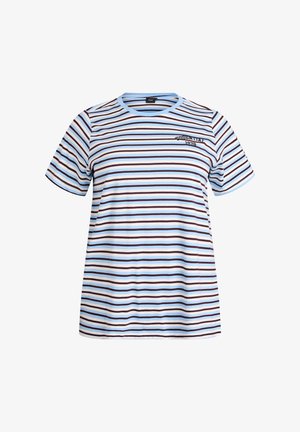 Gestreept T-shirt met horizontale lijnen in lichtblauw, wit en bruin. Ronde hals, korte mouwen, met geborduurde tekstdetail.