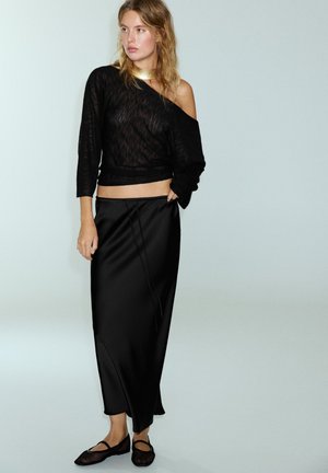 PULL&BEAR, SATIN WITH DRAWSTRING - MIDI SKIRT - Maxi skirt - black