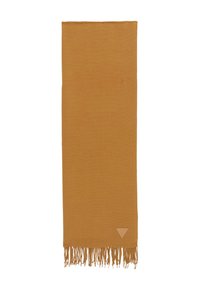 Szalik w kolorze musztardowym wykonany z miękkiego materiału, o płaskim kształcie, z frędzlami na brzegach oraz małą trójkątną metką z logo w jednym rogu.