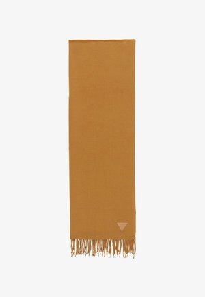 Szalik w kolorze musztardowym wykonany z miękkiego materiału, o płaskim kształcie, z frędzlami na brzegach oraz małą trójkątną metką z logo w jednym rogu.