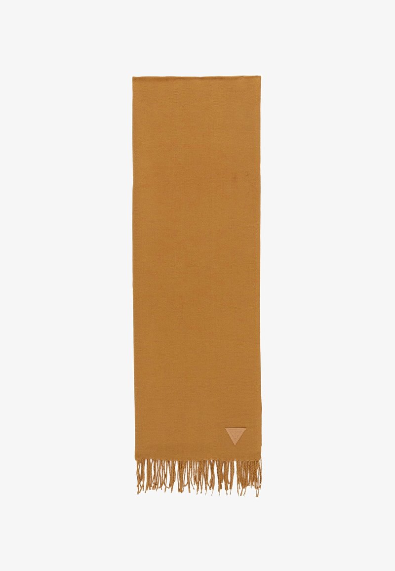 Szalik w kolorze musztardowym wykonany z miękkiego materiału, o płaskim kształcie, z frędzlami na brzegach oraz małą trójkątną metką z logo w jednym rogu.