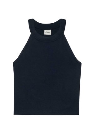 Bezrekawnikowy, granatowy prążkowany krótki top z wysokim, okrągłym dekoltem i etykietą s.Oliver wewnątrz kołnierza.