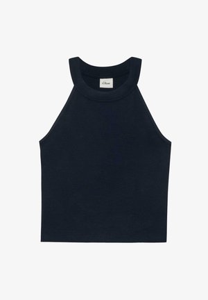Crop top sans manches bleu marine côtelé avec un col rond haut et une étiquette s.Oliver à l'intérieur du col.