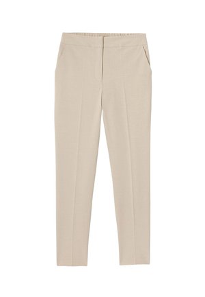 Pantalon beige sur mesure avec une texture lisse, taille élastique, deux poches latérales et une coupe droite, avec des détails de pli devant.