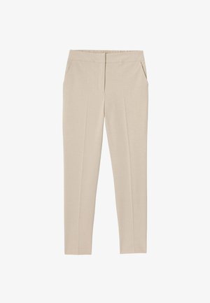 Pantalon beige sur mesure avec une texture lisse, taille élastique, deux poches latérales et une coupe droite, avec des détails de pli devant.