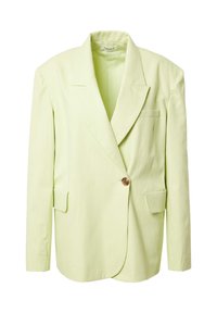 Lichtgroene blazer met een gestructureerd ontwerp, voorzien van notch-lapels, een enkele bronzen knoop en twee voorkanten zakken. Getextureerde stof.