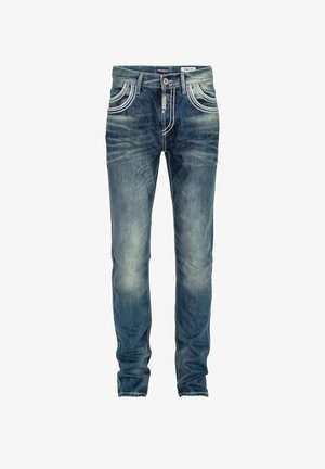 Jean en denim de couleur bleu délavé, avec une coupe droite, présentant des surpiqûres contrastées et une fermeture éclair avec un bouton.