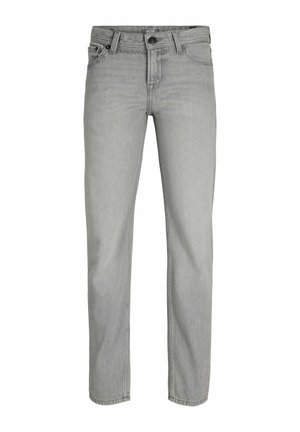 Straight leg hellgraue Denim-Jeans mit vorderem Knopf- und Reißverschluss, Gürtelschlaufen und Standardfünf-Taschen-Design.