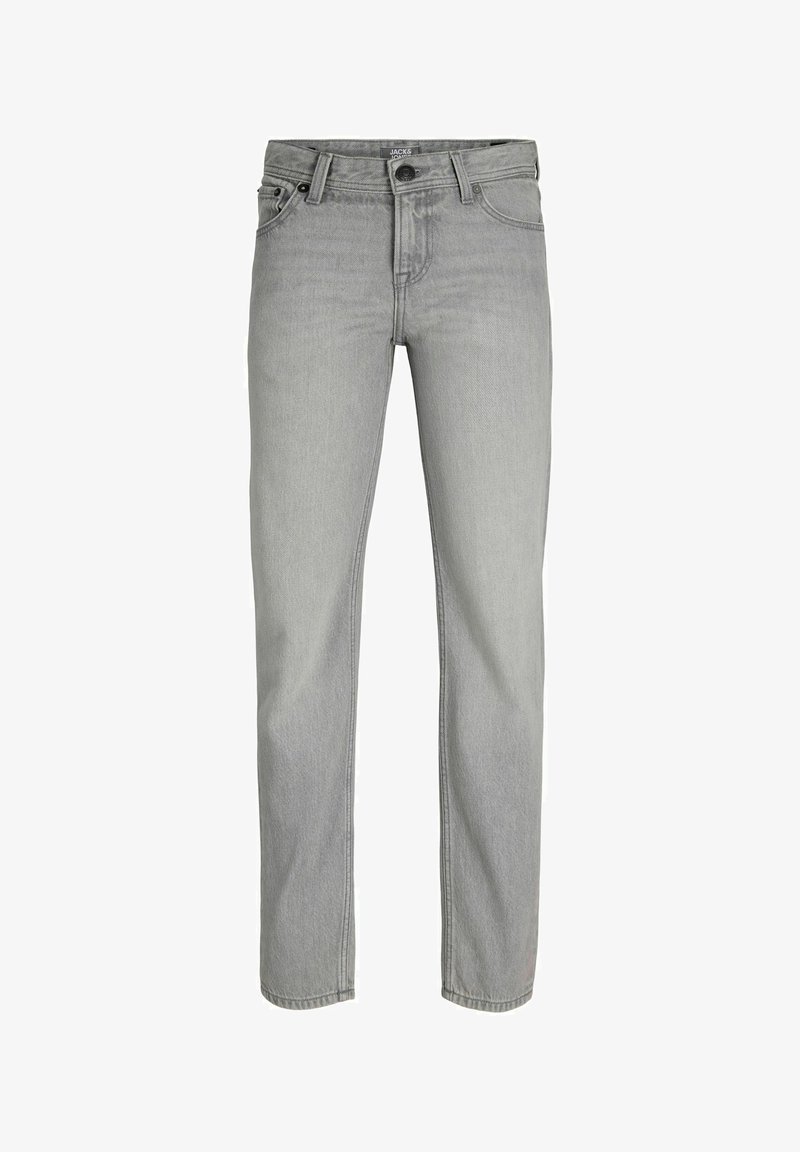 Jean en denim gris clair à jambe droite avec fermeture bouton et zip devant, passants pour ceinture et design standard à cinq poches.