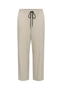 Beige Nadelstreifenhose mit elastischem Bund und schwarzem Kordelzug, gerade geschnitten, vor weißem Hintergrund dargestellt.