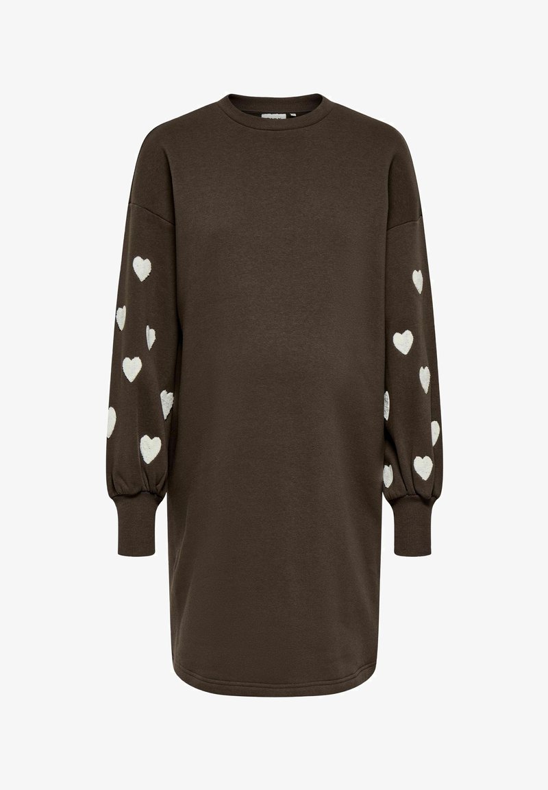 Robe marron à manches longues avec motifs blancs en forme de cœur sur les deux manches et poignets côtelés ajustés.