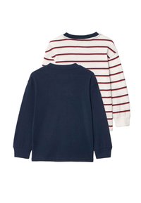 Dwie koszule z długim rękawem; jedna w granatowym jednolitym kolorze, druga biała w poziome czerwono-granatowe paski. Obie mają okrągłe dekolty i bawełnianą teksturę.