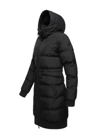 Black puffer coat featuring a hood, zip closure, elastic cuffs, and a belted waist, with quilted sections for added insulation.