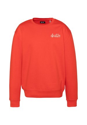 Sweat-shirt rouge vif à manches longues avec col rond, poignets et bas côtelés, petit logo ancre blanc et texte "New York Schott" sur la poitrine gauche.