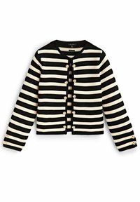 Cardigan a righe nei colori nero e crema, realizzato in materiale lavorato a maglia, con scollatura rotonda e bottoni decorativi dorati lungo la parte anteriore e le maniche.
