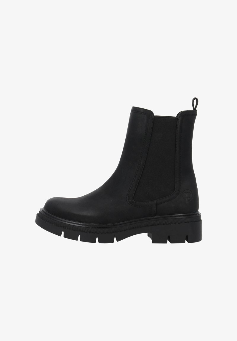 Botas Chelsea negras con paneles laterales elásticos, una suela robusta y un marcado minimalista. Parte superior de cuero liso con una lengüeta para facilitar su uso.