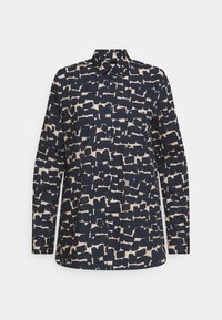 Camicia a maniche lunghe di colore blu navy con un motivo astratto beige. Presenta un colletto e una chiusura con bottoni, realizzata in un tessuto morbido.