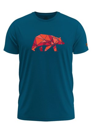 Türkise Kurzarm-T-Shirt aus weichem Stoff, mit einem geometrischen roten Bärendesign auf der Vorderseite, das scharfe Winkel und Formen betont.