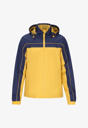 Žltý a námornícky vetrový kabát s kapucňou, zipsom, nastaviteľnými šnúrami a kontrastnými bočnými pruhmi. Hladká textura a ľahký materiál.