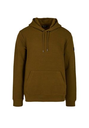 Alyvuogių žalumos gobtuvė su tekstūruota geometrine raštu, priekinė kišenė, reguliuojama virvelė ir raibos rankogaliai.