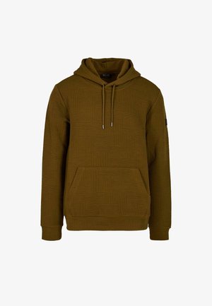 Alyvuogių žalumos gobtuvė su tekstūruota geometrine raštu, priekinė kišenė, reguliuojama virvelė ir raibos rankogaliai.