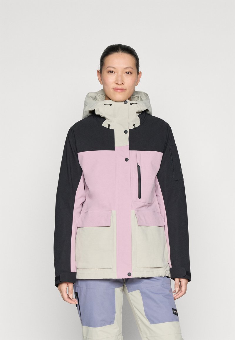 Farbenfrohe Jacke mit schwarzen, rosa und beigen Paneelen. Verfügt über einen hohen Kragen, eine verstellbare Kapuze, Reißverschluss-Taschen und eine lässige Passform.