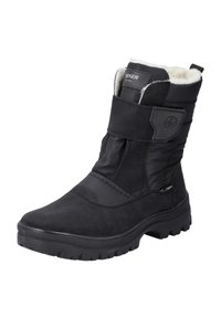 Botas de invierno negras con parte superior de tela y cuero sintético, tirador de velcro, forro aislante y suela de goma texturizada.
