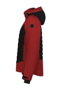 Punane ja must kapuutsiga talvejope, millel on musta värvi kinniõmmeldud külgpaneelid, tõmbluku tasku ja reguleeritav randme rihm, nähtud külgvaates.