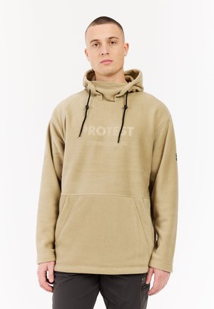 Sweatshirt à capuche beige en matériau polaire doux, avec une poche frontale, des cordons de serrage réglables et un logo imprimé sur la poitrine.