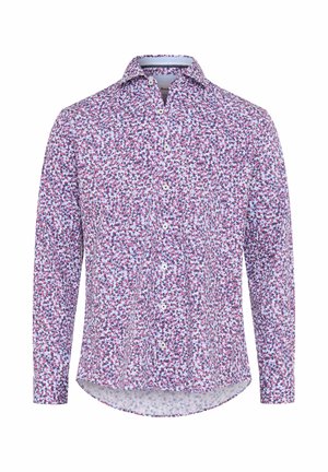 Langärmliges Hemd mit Knopfleiste und einem bunten, kleinen Blumenmuster in Rot, Blau und Lila auf weißem Hintergrund.