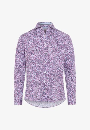 Langärmliges Hemd mit Knopfleiste und einem bunten, kleinen Blumenmuster in Rot, Blau und Lila auf weißem Hintergrund.