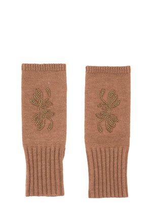 Pair of brown knitted fingerless gloves with ribbed cuffs and gold bead floral designs on the back.