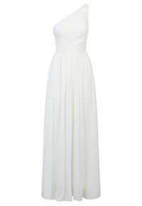 Weißes, einseitig tragbares Abendkleid mit tailliertem Oberteil, plissierter Textur und fließendem Rock, der eine elegante Silhouette bietet.