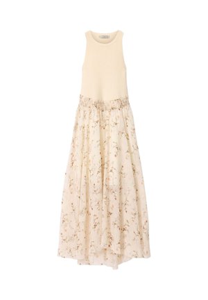Ærmeløs cremefarvet kjole med tætsiddende ribbet bodice og let flydende nederdel med blomsterprint samt detaljer ved den rynkede talje.