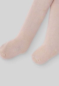 Chaussettes roses claires jusqu'aux genoux en matériau tricoté lisse avec des orteils et des talons renforcés, présentant une texture uniforme sur toute la surface.