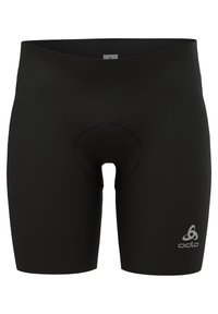 Shorts de sport noirs en tissu extensible, présentant une coupe sculptée et une zone renforcée au centre. Logo affiché sur la jambe inférieure.