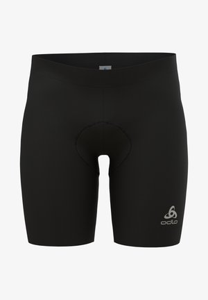 Shorts de sport noirs en tissu extensible, présentant une coupe sculptée et une zone renforcée au centre. Logo affiché sur la jambe inférieure.