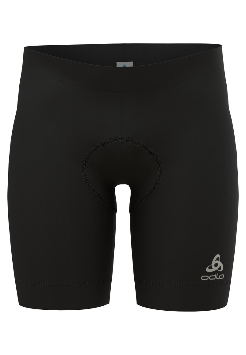 Shorts de sport noirs en tissu extensible, présentant une coupe sculptée et une zone renforcée au centre. Logo affiché sur la jambe inférieure.
