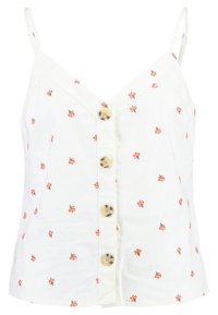 Top blanco sin mangas con tirantes finos, estampado pequeño de flores naranjas dispersas y una fila delantera de cinco botones beige.