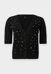 Svart cardigan med korte ermer, V-hals og frontknapper, pyntet med perler og rhinestones for ekstra detaljer. Myk tekstur.