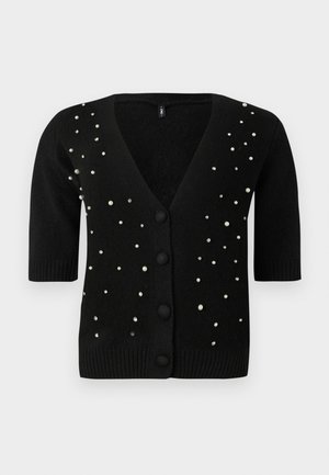 Cardigan noir à manches courtes, en V, et boutons sur le devant, rehaussé de perles et de strass pour un détail supplémentaire. Texture douce.