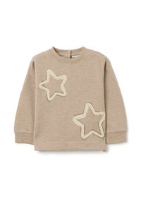 Felpa beige con due applicazioni a forma di stella in paillettes dorate, scollo rotondo, maniche lunghe e chiusura a scatto sul retro. Materiale morbido e testurizzato.