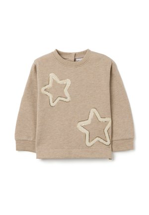 Felpa beige con due applicazioni a forma di stella in paillettes dorate, scollo rotondo, maniche lunghe e chiusura a scatto sul retro. Materiale morbido e testurizzato.