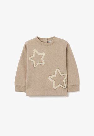 Beige Sweatshirt mit zwei goldenen Paillettensterne-Applikationen, Rundhalsausschnitt, langen Ärmeln und einem Druckknopfverschluss auf der Rückseite. Weiches, strukturiertes Material.