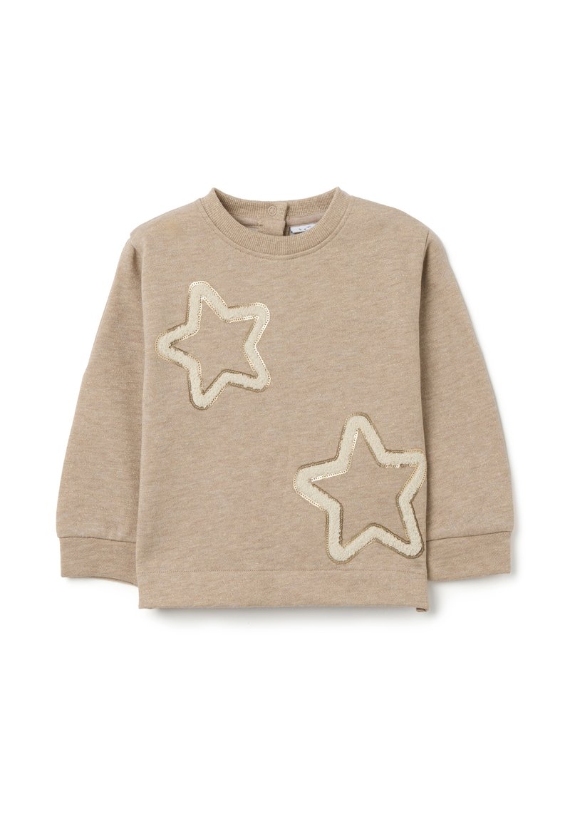 Felpa beige con due applicazioni a forma di stella in paillettes dorate, scollo rotondo, maniche lunghe e chiusura a scatto sul retro. Materiale morbido e testurizzato.