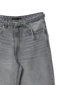 Jeans in denim grigio con un design classico, cinque tasche e un dettaglio con fibbia in vita. Tessuto morbido con sottili pattern di scolorimento.
