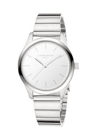 Silverfärgad analog klocka med en rund vit urtavla, minimalistiska timmarkörer och ett metallarmband. Har ett polerat hölje och krona i rostfritt stål.