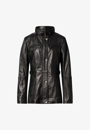 Zwarte leren jas met een hoge kraag, twee ritszakken op de borst en een getailleerde taille. Voorzien van zichtbare stiksels en een drukknoopsluiting.