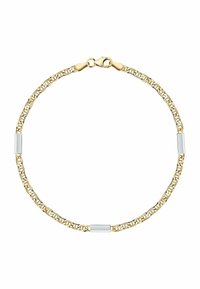 Goldene Kettenarmband mit verbundenen ovalen Gliedern, glatten weißen rechteckigen Akzenten und einem sicheren Karabinerverschluss.