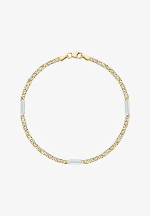 Goldene Kettenarmband mit verbundenen ovalen Gliedern, glatten weißen rechteckigen Akzenten und einem sicheren Karabinerverschluss.
